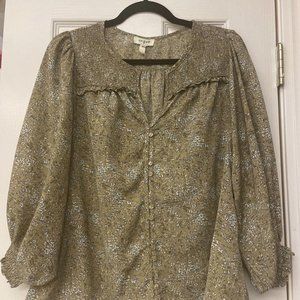 Umgee Blouse Top Green Floral Flowy Smocked Gathered Neck Cuff Mock Size Medium